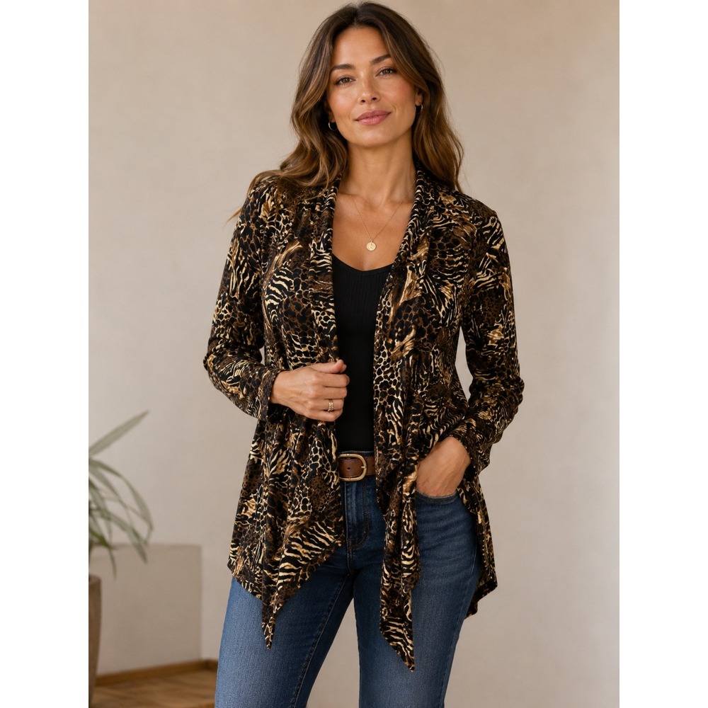 Choices Animal Print Tie Front Open Cardigan Top Womens Large Stretch‎
